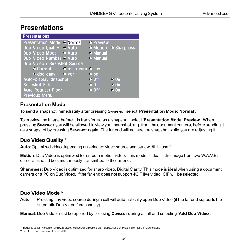 Presentations, Presentation mode, Duo video quality | Duo video mode | TANDBERG D12155-10 User Manual | Page 49 / 116