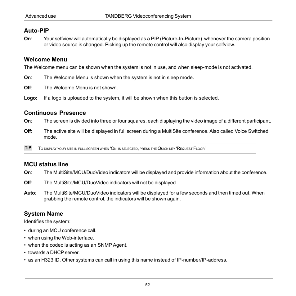 Auto-pip, Welcome menu, Continuous presence | Mcu status line, System name | TANDBERG D12155-10 User Manual | Page 52 / 116