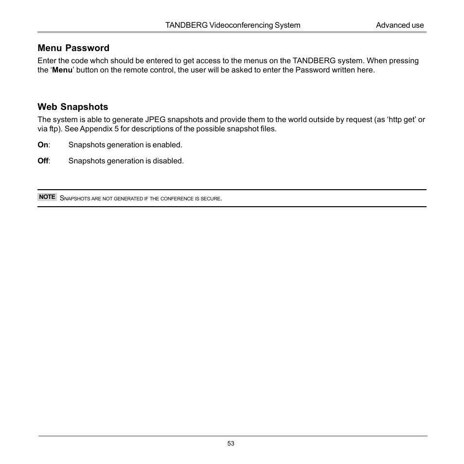 Menu password, Web snapshots | TANDBERG D12155-10 User Manual | Page 53 / 116