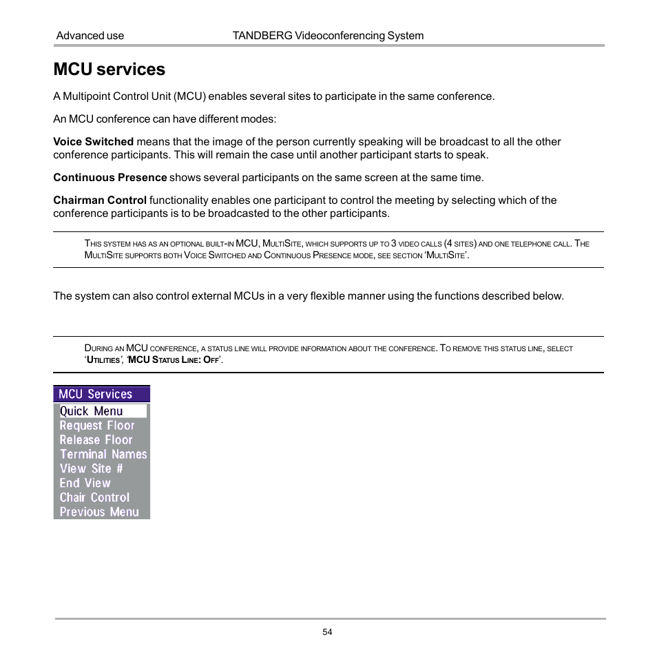 Mcu services, Tandberg videoconferencing system advanced use | TANDBERG D12155-10 User Manual | Page 54 / 116