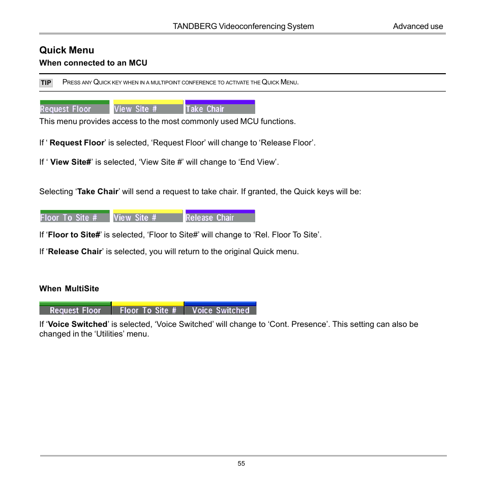 Quick menu | TANDBERG D12155-10 User Manual | Page 55 / 116