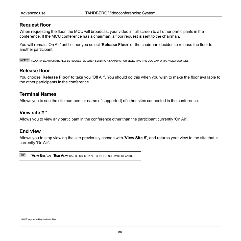 Request floor, Release floor, Terminal names | View site, End view | TANDBERG D12155-10 User Manual | Page 56 / 116