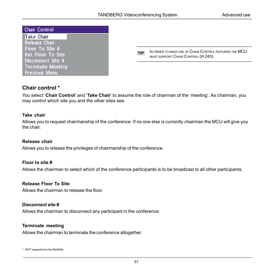 Chair control | TANDBERG D12155-10 User Manual | Page 57 / 116