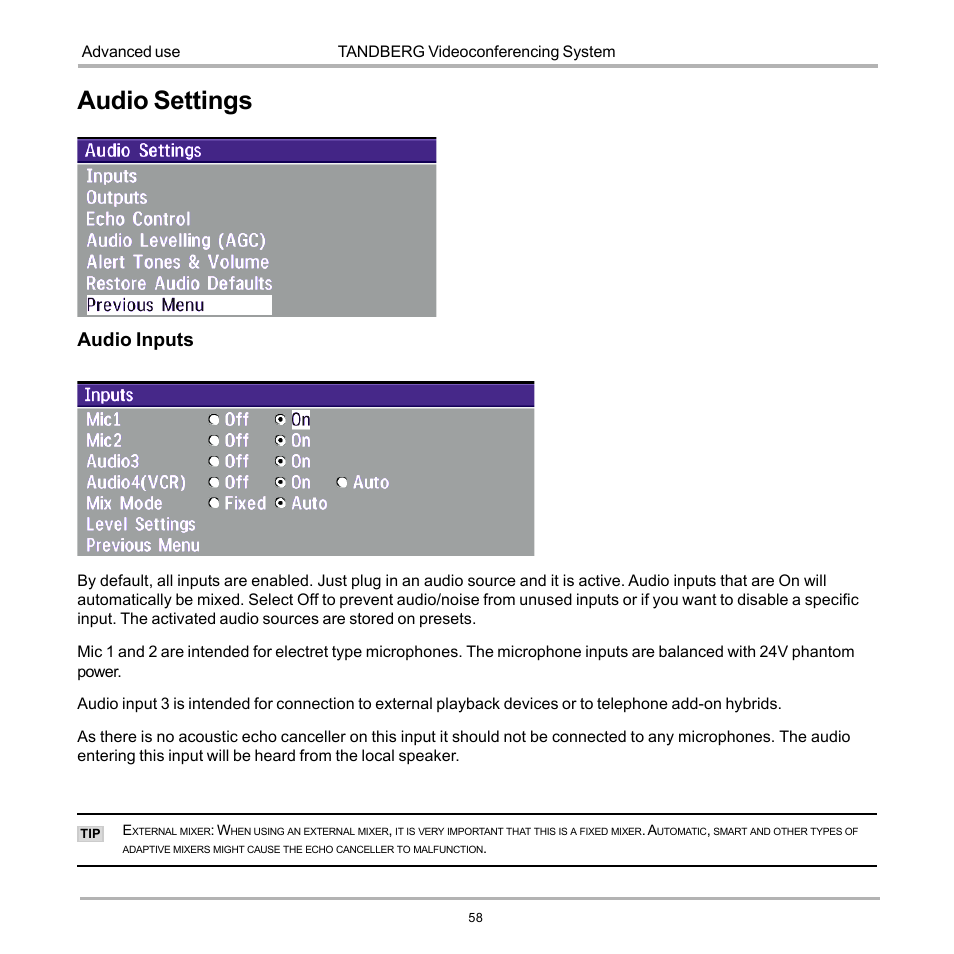 Audio settings, Audio inputs | TANDBERG D12155-10 User Manual | Page 58 / 116