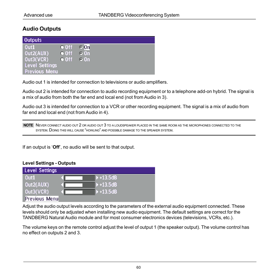 Audio outputs | TANDBERG D12155-10 User Manual | Page 60 / 116