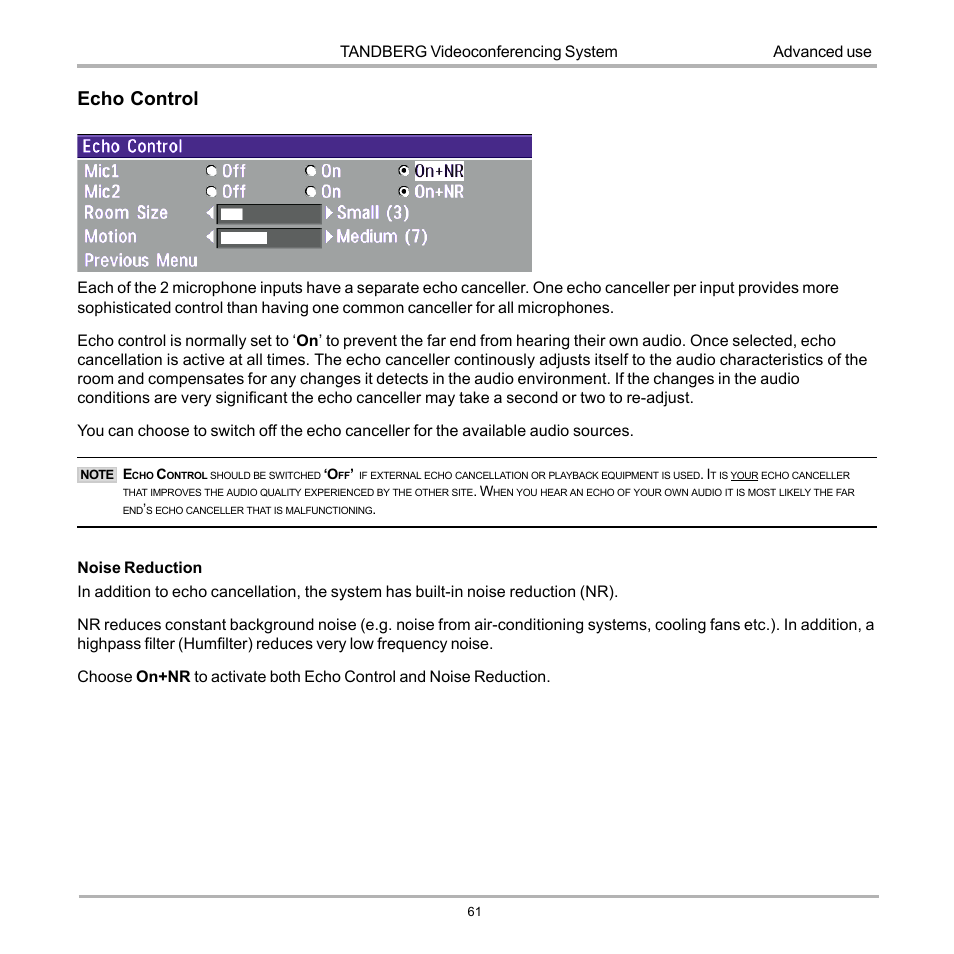 Echo control, Tandberg videoconferencing system, Advanced use | TANDBERG D12155-10 User Manual | Page 61 / 116