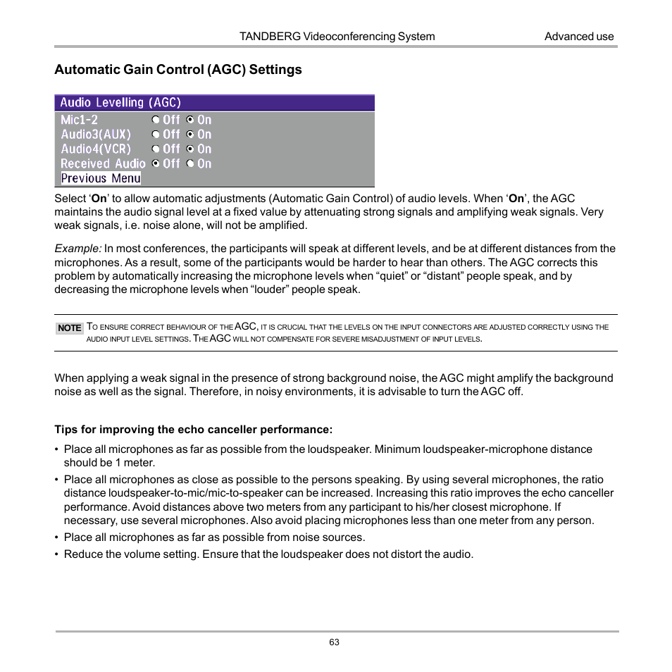 Automatic gain control (agc) settings | TANDBERG D12155-10 User Manual | Page 63 / 116