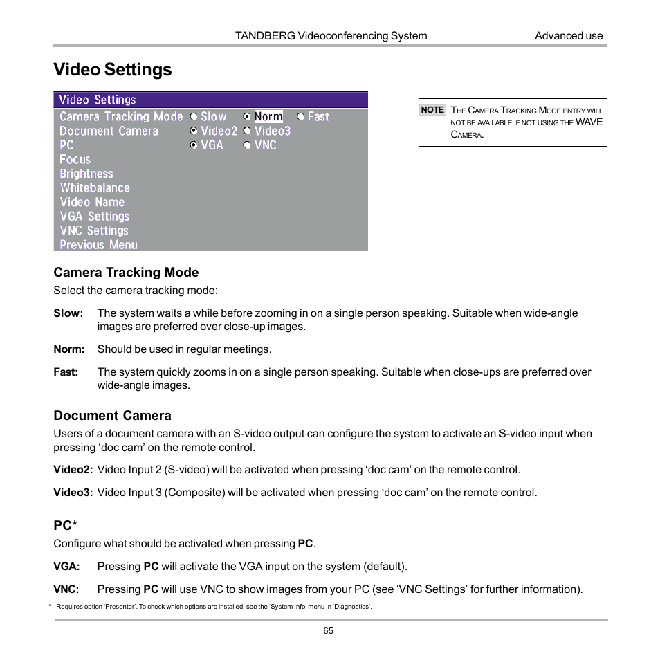 Video settings, Camera tracking mode, Document camera | TANDBERG D12155-10 User Manual | Page 65 / 116