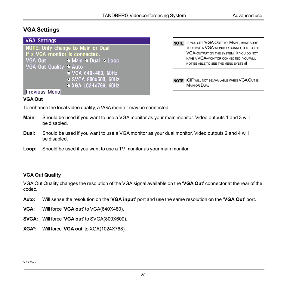 Vga settings | TANDBERG D12155-10 User Manual | Page 67 / 116