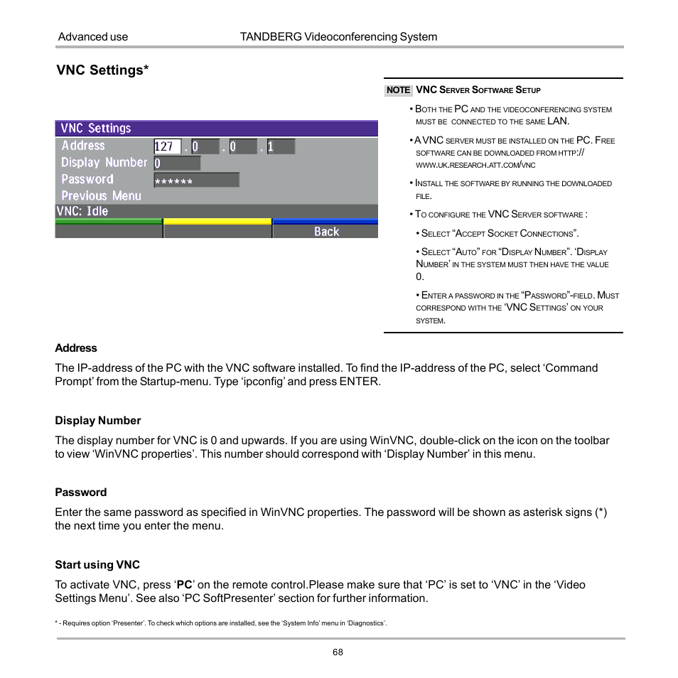 Vnc settings | TANDBERG D12155-10 User Manual | Page 68 / 116