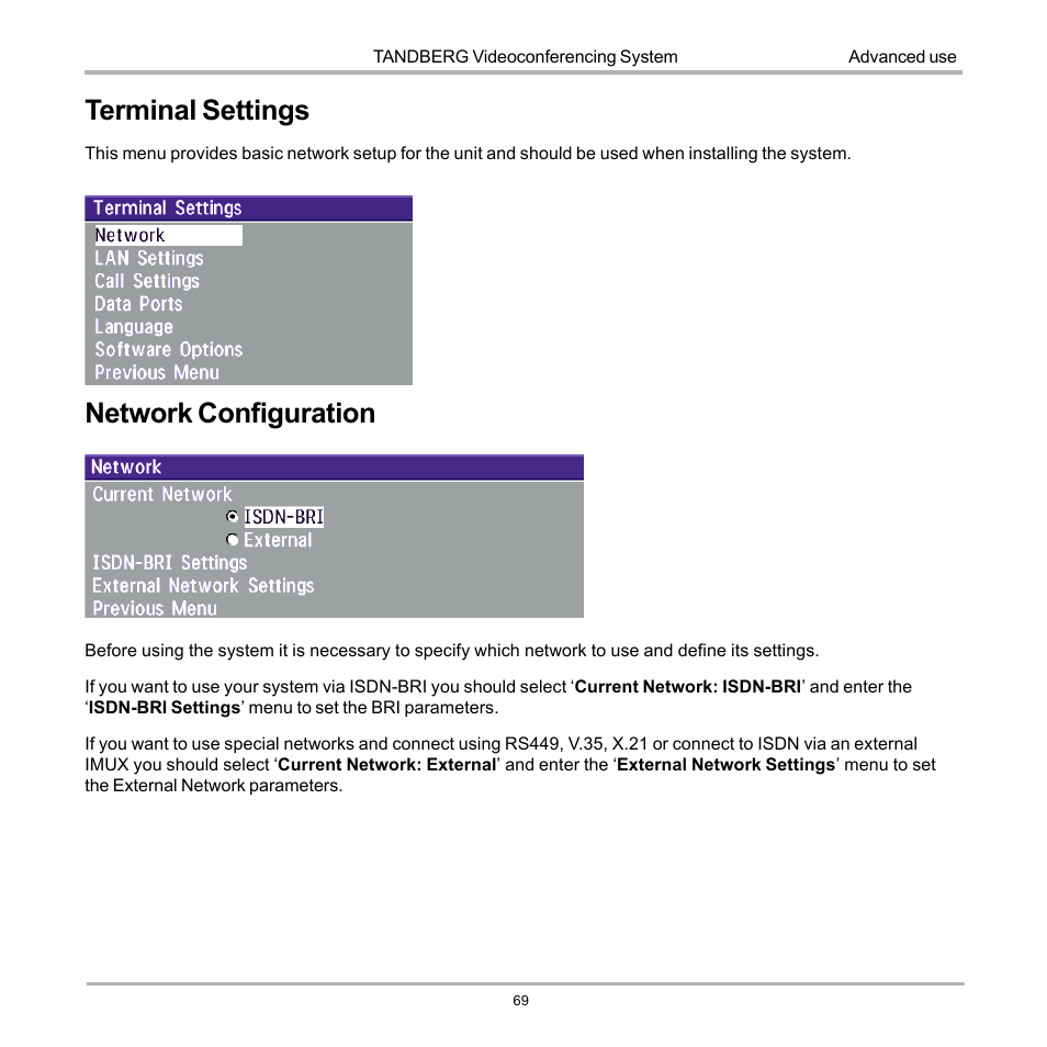 Terminal settings, Network configuration, Terminal settings network configuration | TANDBERG D12155-10 User Manual | Page 69 / 116