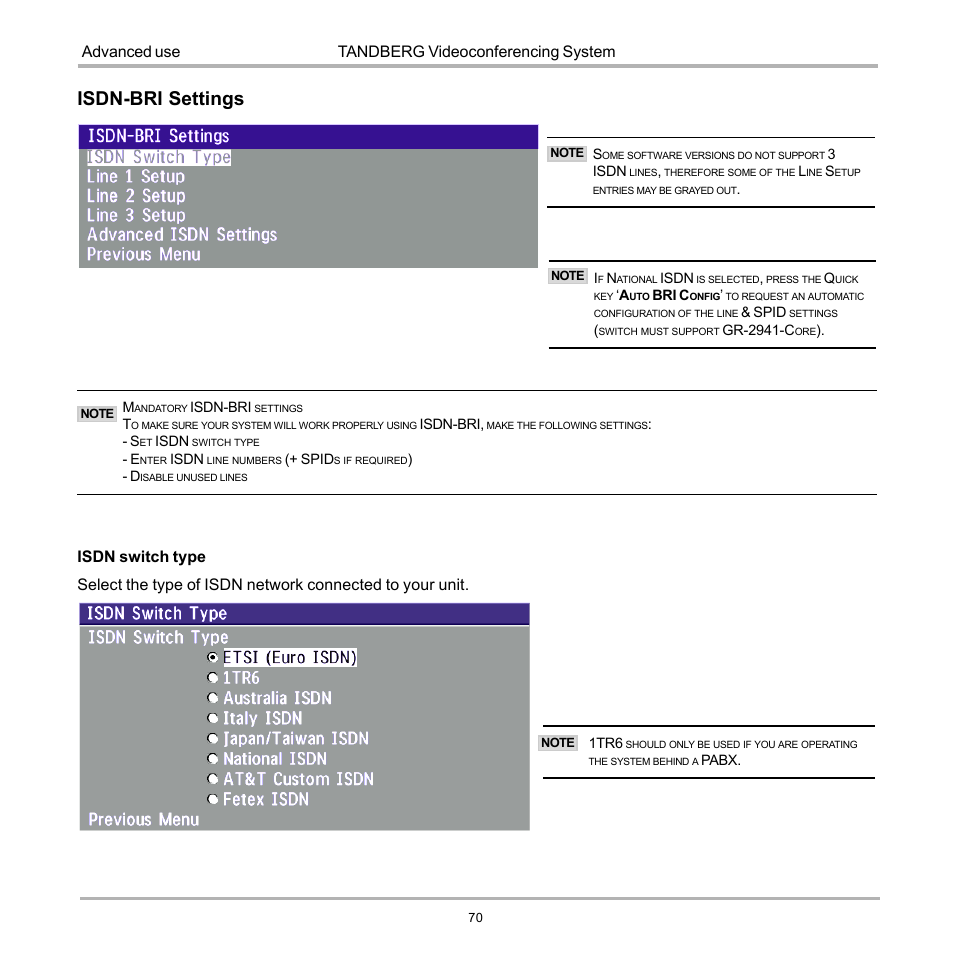 Isdn-bri settings, Tandberg videoconferencing system advanced use | TANDBERG D12155-10 User Manual | Page 70 / 116