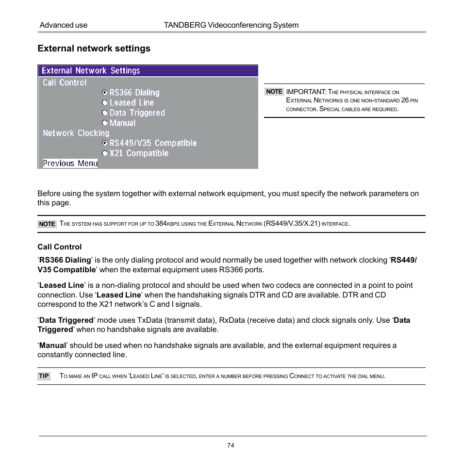 External network settings, Tandberg videoconferencing system advanced use | TANDBERG D12155-10 User Manual | Page 74 / 116