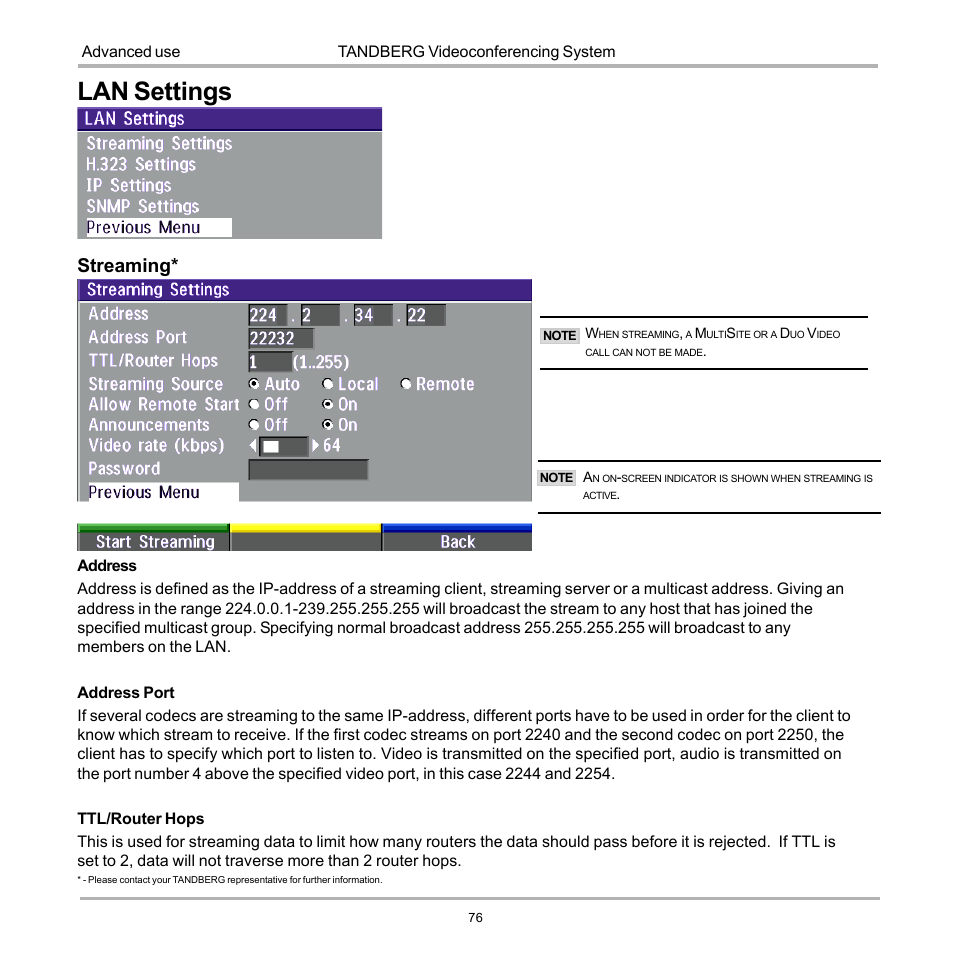 Lan settings, Streaming | TANDBERG D12155-10 User Manual | Page 76 / 116
