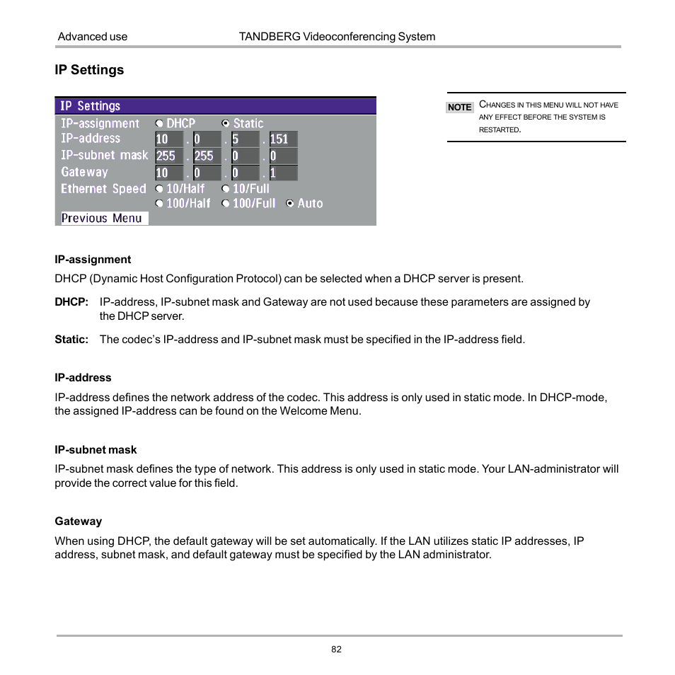 Ip settings | TANDBERG D12155-10 User Manual | Page 82 / 116