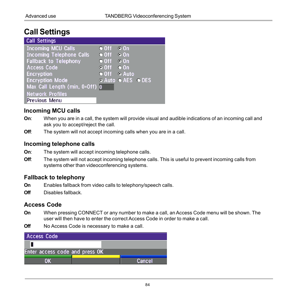 Call settings | TANDBERG D12155-10 User Manual | Page 84 / 116