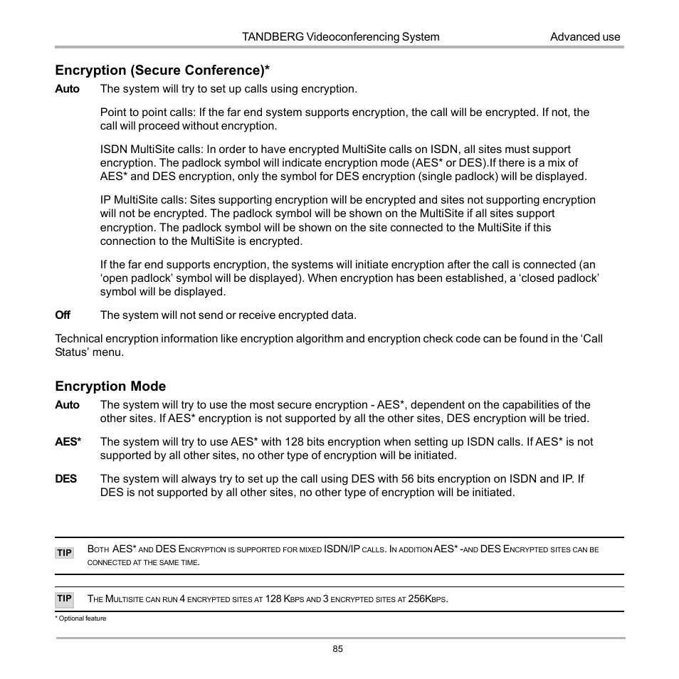 Encryption (secure conference), Encryption mode | TANDBERG D12155-10 User Manual | Page 85 / 116