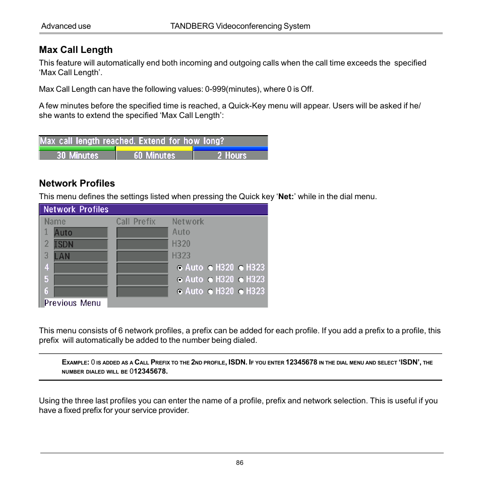 Network profiles, Max call length | TANDBERG D12155-10 User Manual | Page 86 / 116