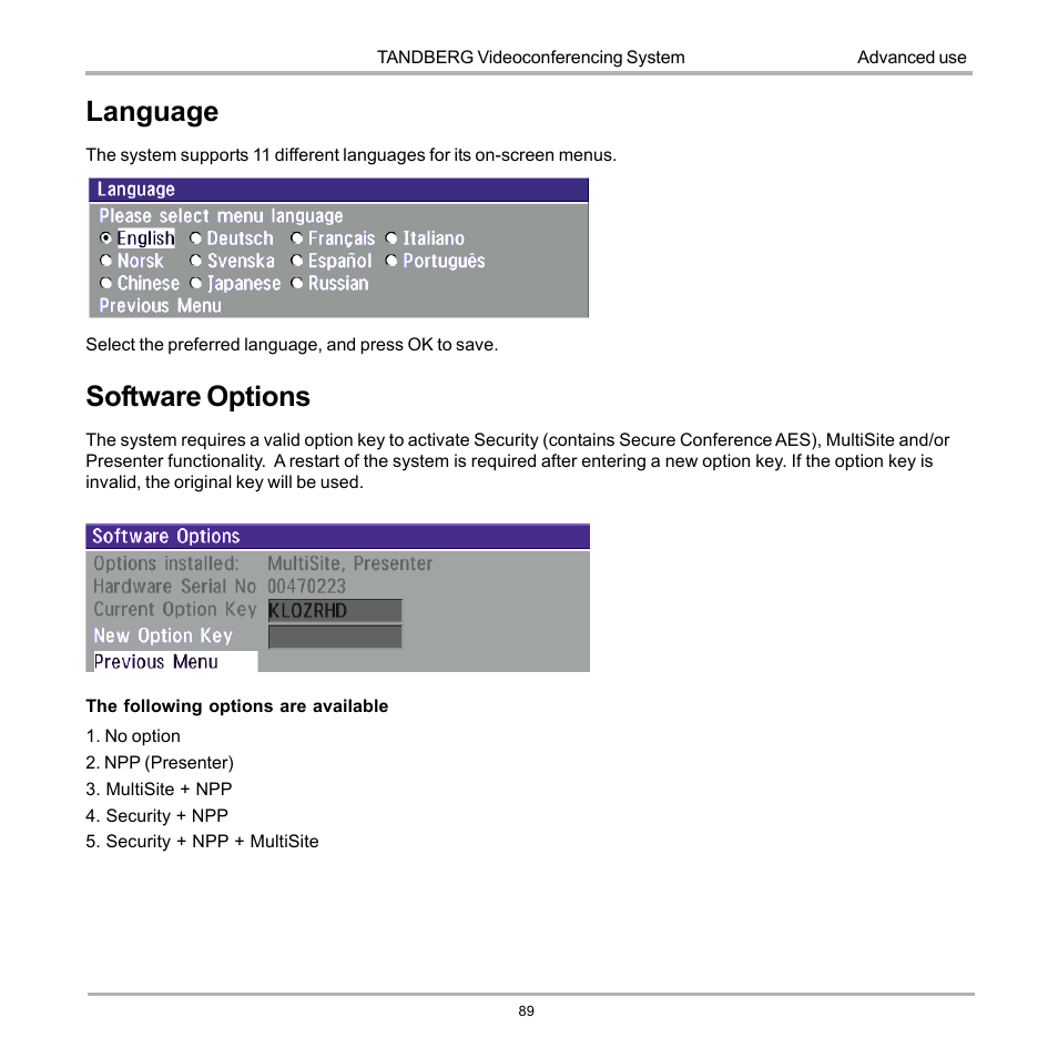 Language, Software options, Language software options | TANDBERG D12155-10 User Manual | Page 89 / 116