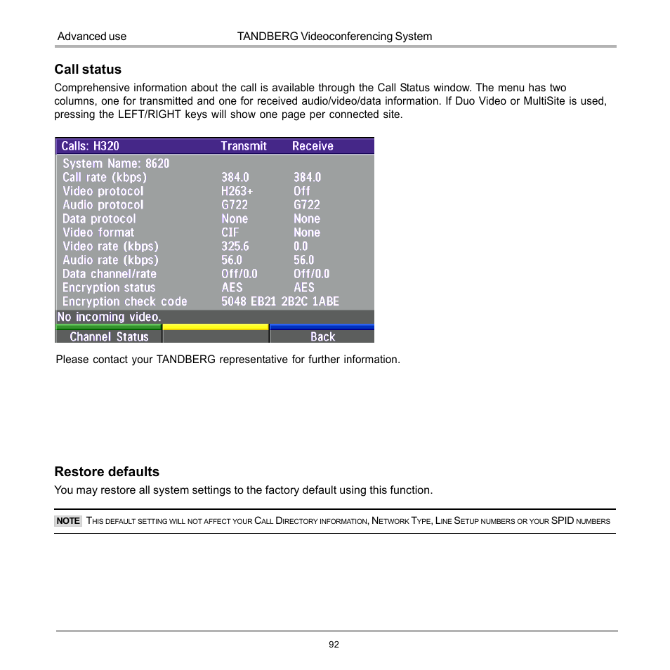 Restore defaults, Call status | TANDBERG D12155-10 User Manual | Page 92 / 116