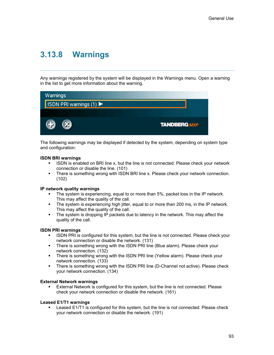 8 warnings, Warnings | TANDBERG 1500MXP User Manual | Page 105 / 275