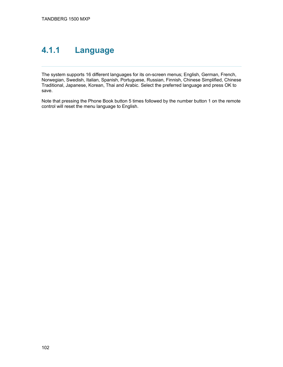 1 language, Language | TANDBERG 1500MXP User Manual | Page 114 / 275