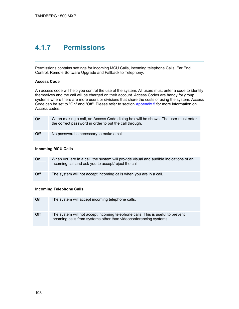 7 permissions, Permissions | TANDBERG 1500MXP User Manual | Page 120 / 275