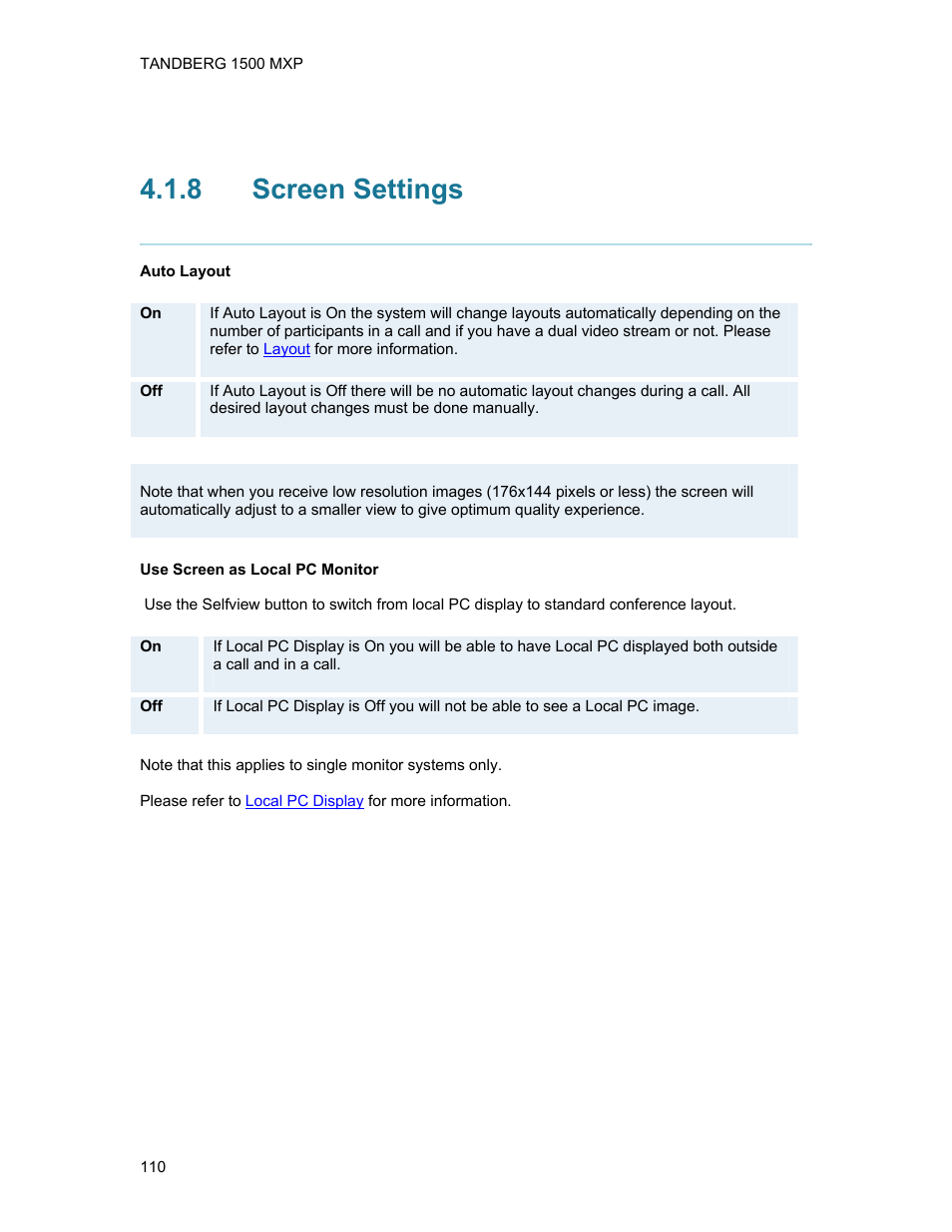 8 screen settings, Screen settings | TANDBERG 1500MXP User Manual | Page 122 / 275