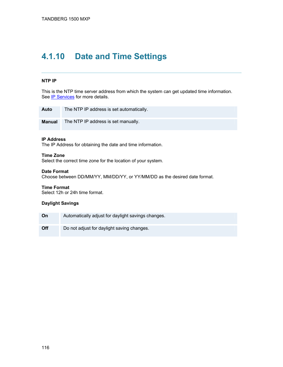 10 date and time settings, Date and time settings | TANDBERG 1500MXP User Manual | Page 128 / 275