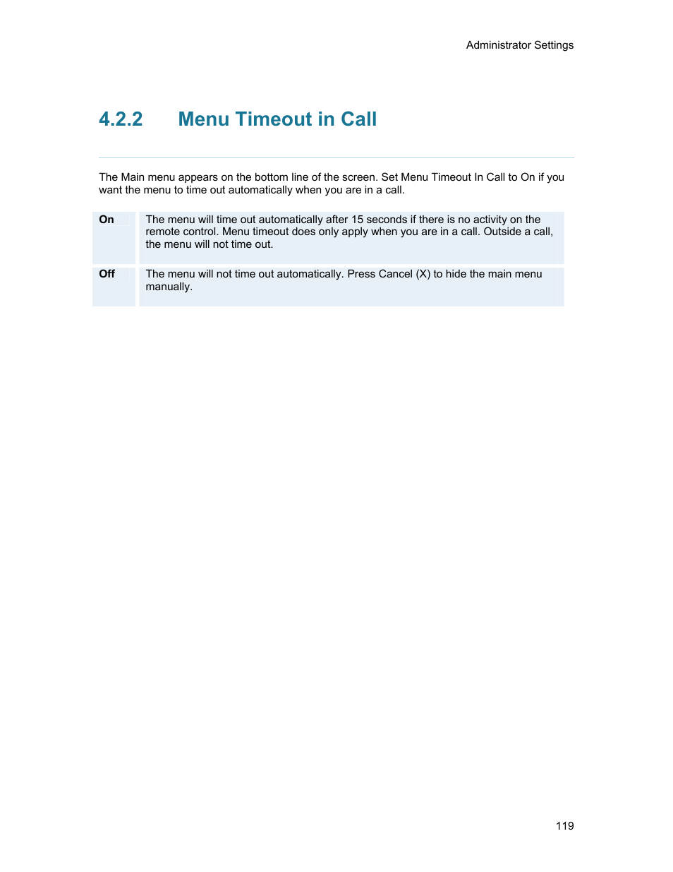 2 menu timeout in call, Menu timeout in call | TANDBERG 1500MXP User Manual | Page 131 / 275