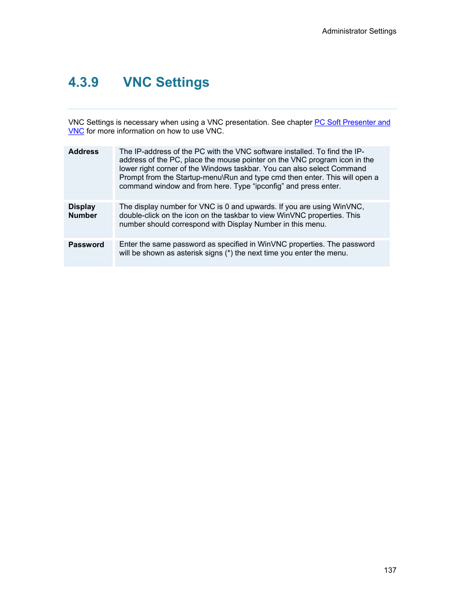 9 vnc settings, Vnc settings | TANDBERG 1500MXP User Manual | Page 149 / 275