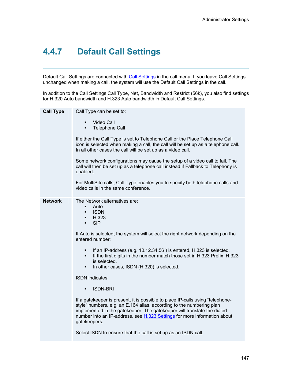 7 default call settings, Default call settings | TANDBERG 1500MXP User Manual | Page 159 / 275