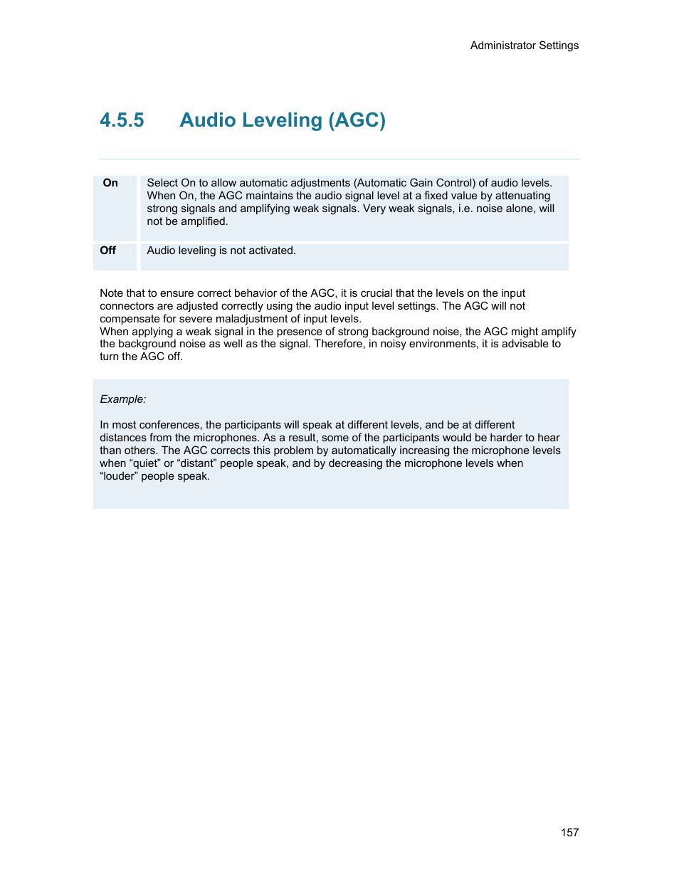 5 audio leveling (agc), Audio leveling (agc) | TANDBERG 1500MXP User Manual | Page 169 / 275