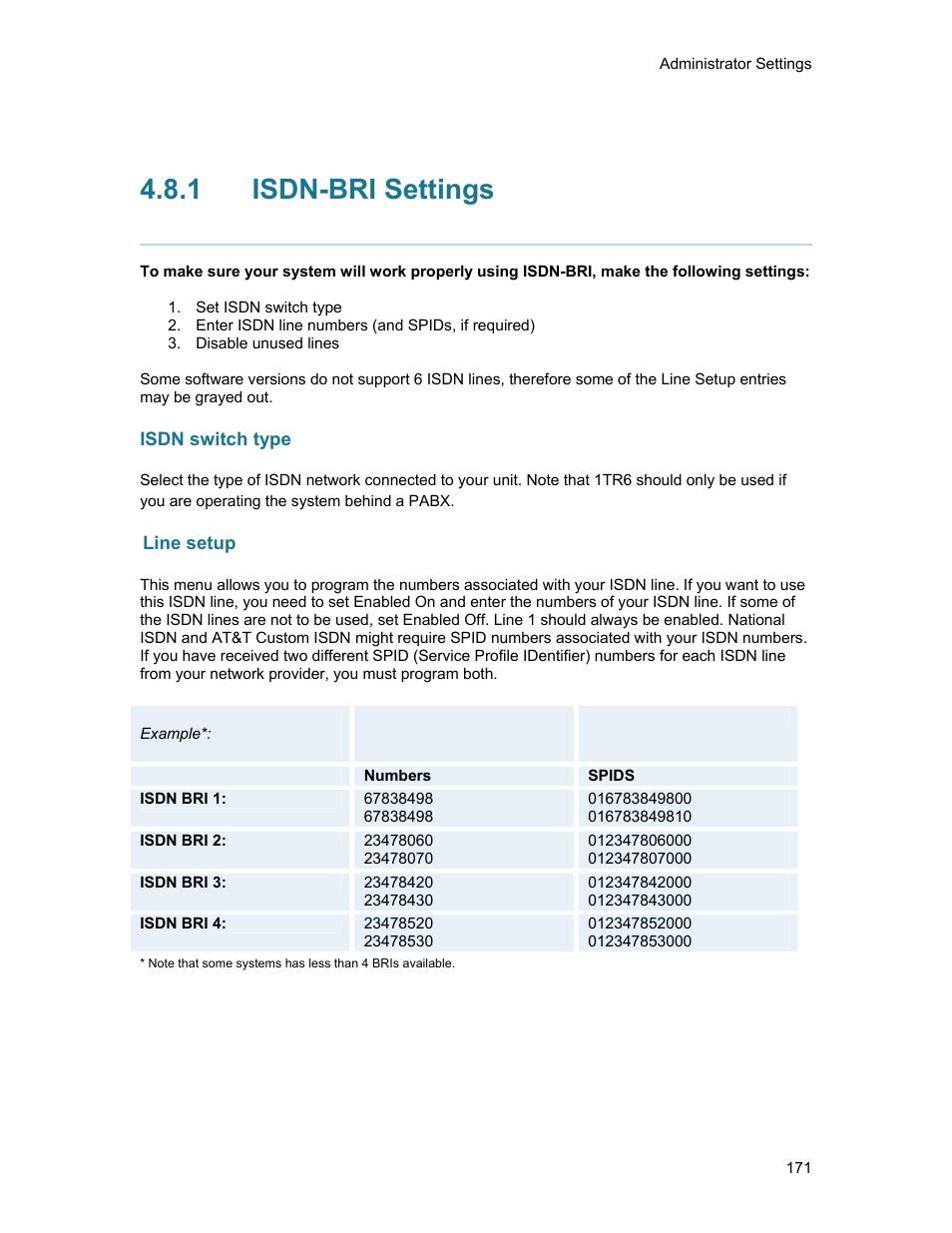 1 isdn-bri settings, Isdn switch type, Line setup | Isdn-bri settings | TANDBERG 1500MXP User Manual | Page 183 / 275