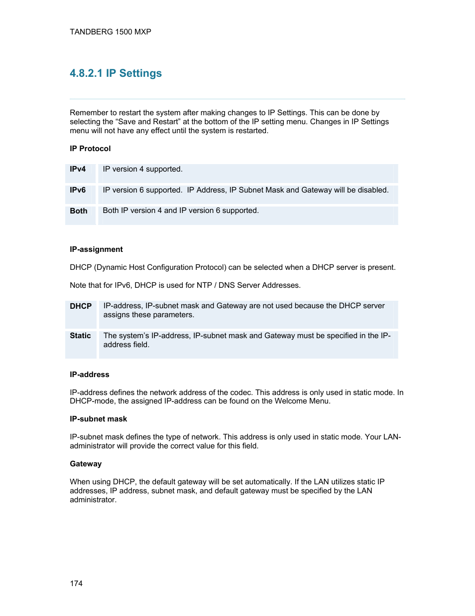 1 ip settings | TANDBERG 1500MXP User Manual | Page 186 / 275