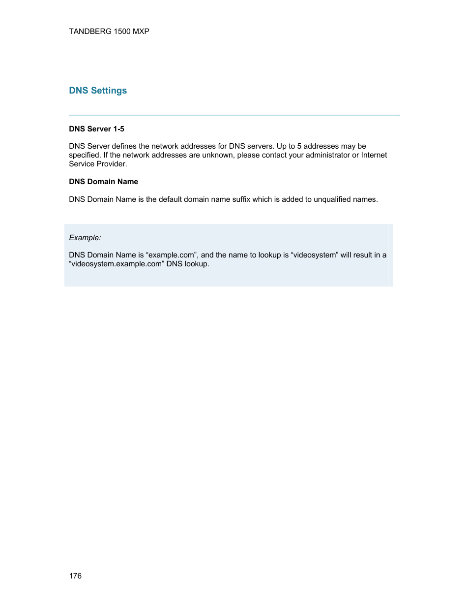 Dns settings | TANDBERG 1500MXP User Manual | Page 188 / 275