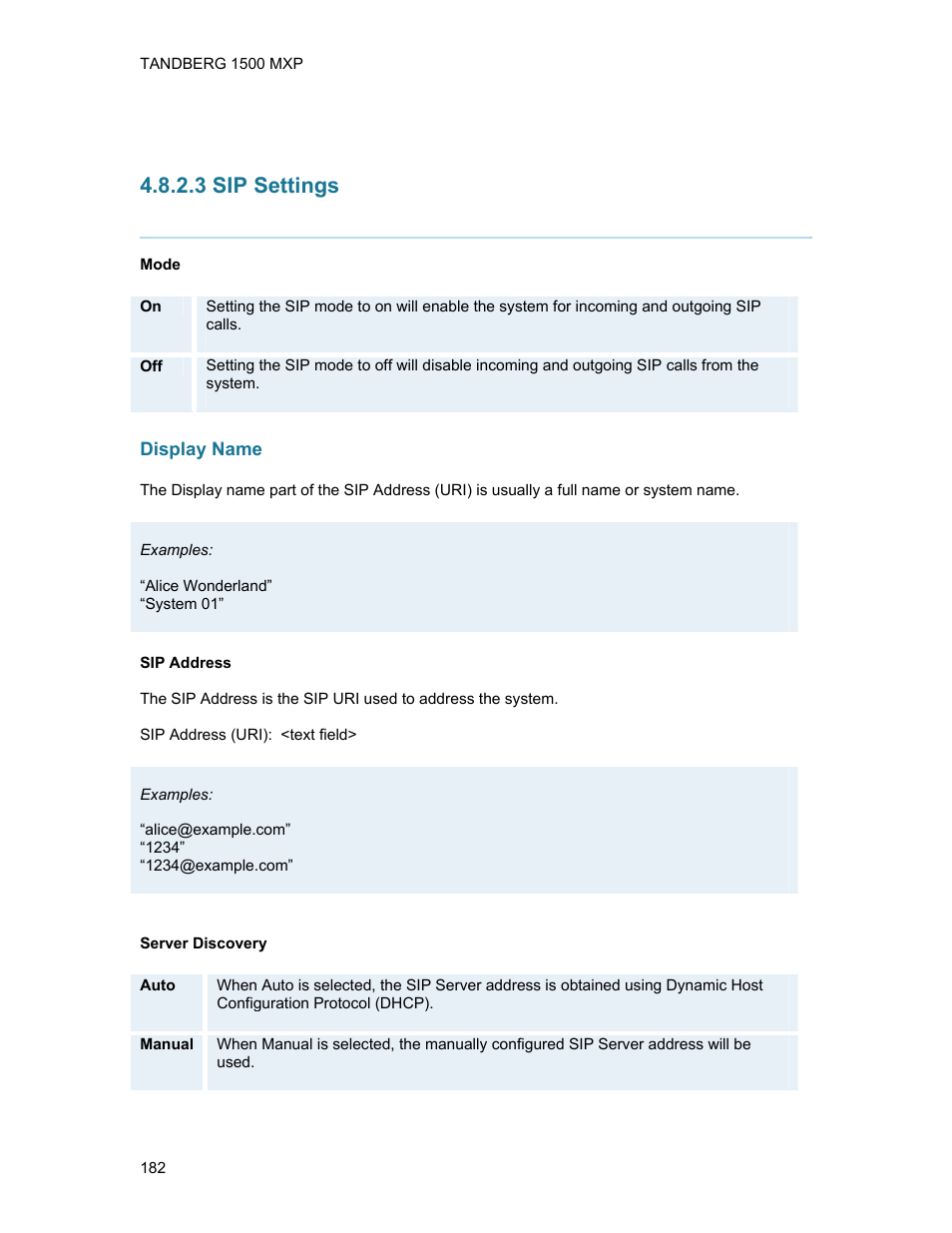 3 sip settings, Display name | TANDBERG 1500MXP User Manual | Page 194 / 275