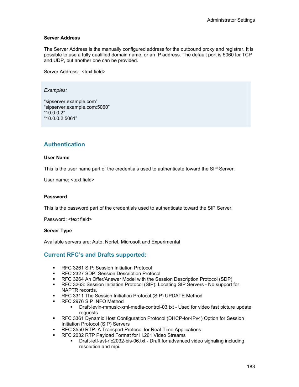 Authentication, Current rfc’s and drafts supported | TANDBERG 1500MXP User Manual | Page 195 / 275