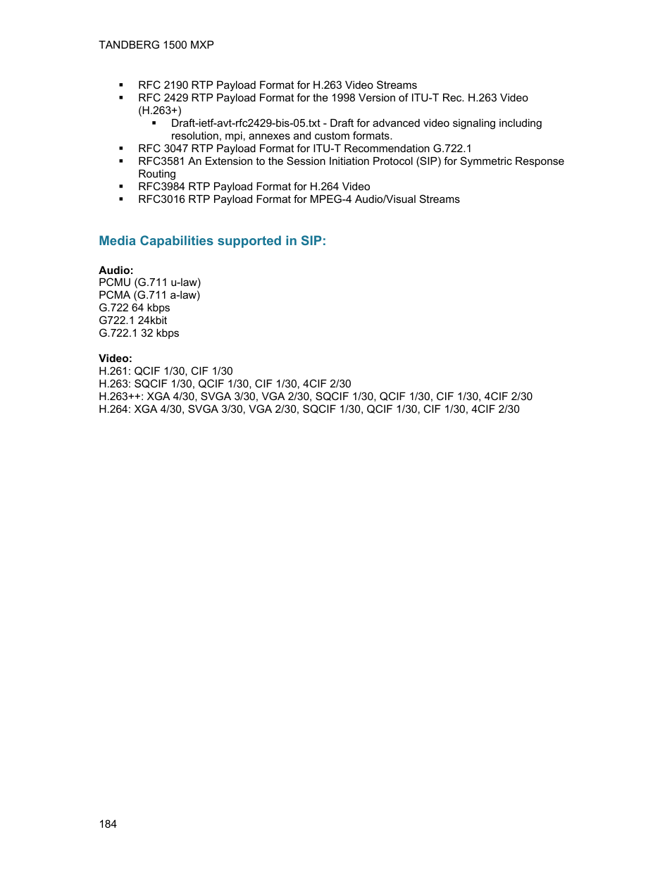 Media capabilities supported in sip | TANDBERG 1500MXP User Manual | Page 196 / 275