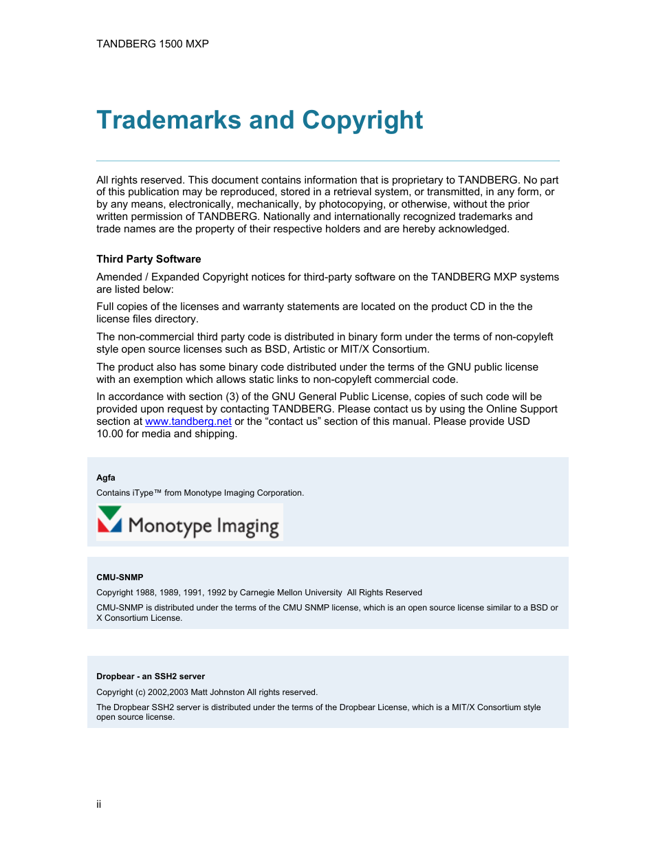 Trademarks and copyright | TANDBERG 1500MXP User Manual | Page 2 / 275