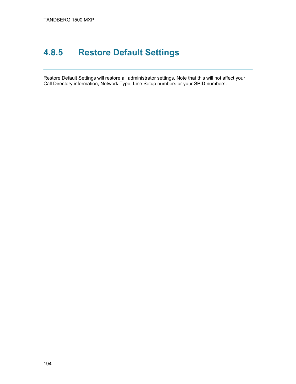 5 restore default settings, Restore default settings | TANDBERG 1500MXP User Manual | Page 206 / 275
