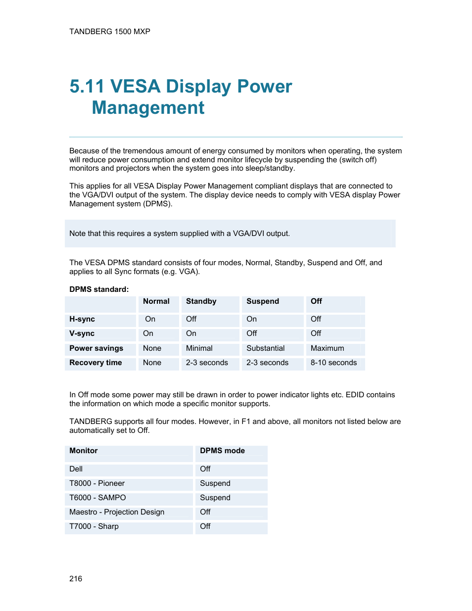 11 vesa display power management | TANDBERG 1500MXP User Manual | Page 228 / 275