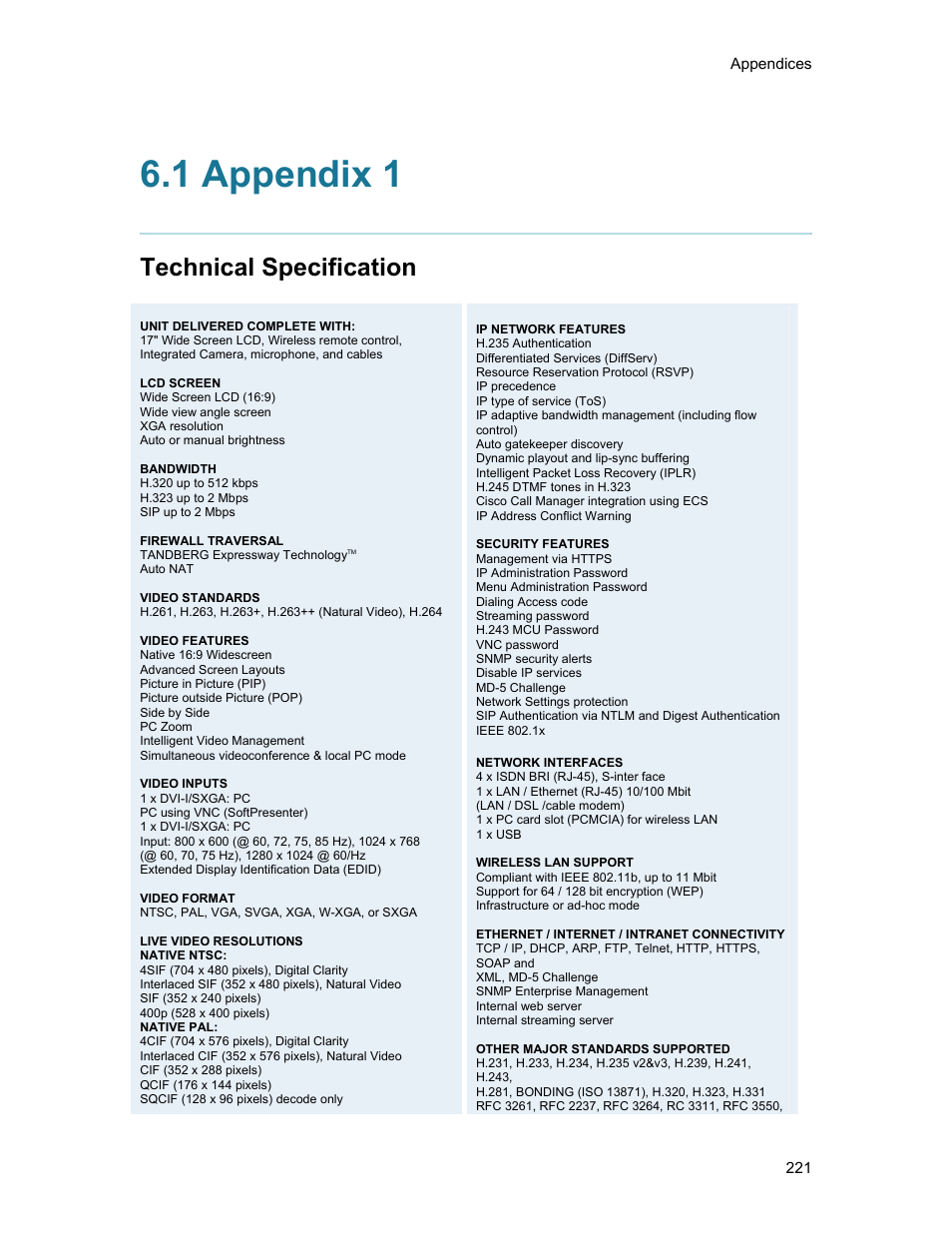 1 appendix 1, Technical specification | TANDBERG 1500MXP User Manual | Page 233 / 275