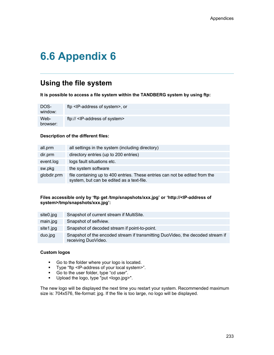 6 appendix 6, Using the file system | TANDBERG 1500MXP User Manual | Page 245 / 275