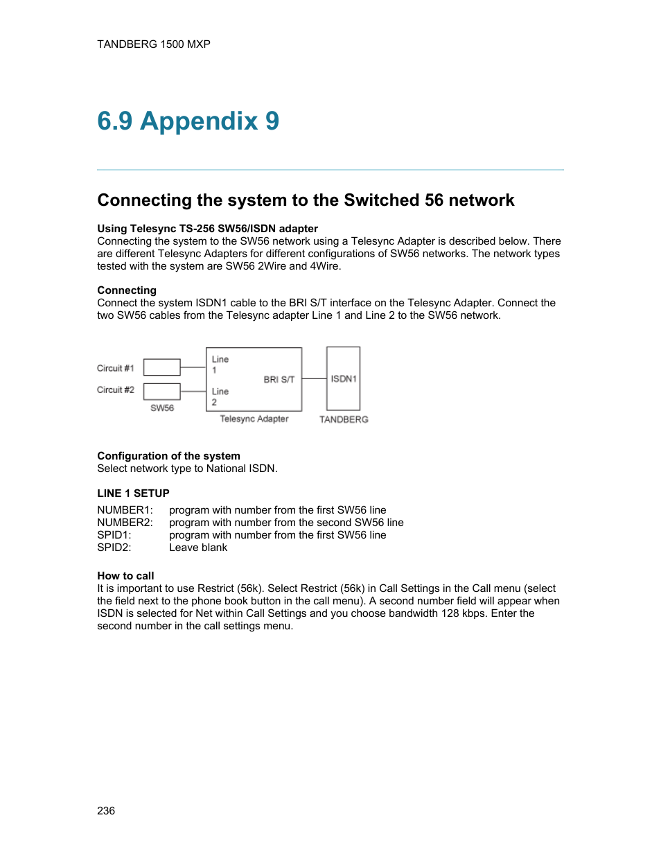 9 appendix 9, Connecting the system to the switched 56 network | TANDBERG 1500MXP User Manual | Page 248 / 275