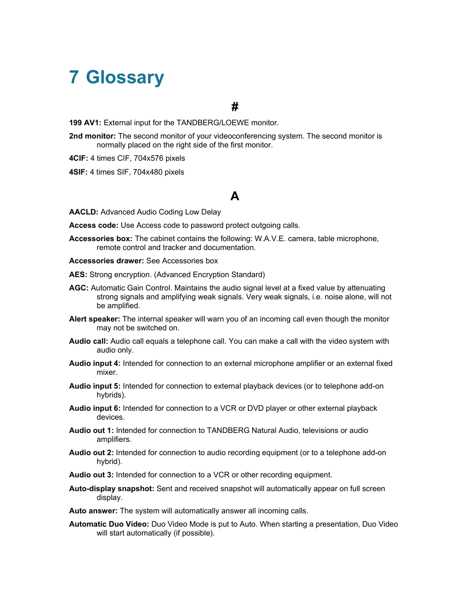 7 glossary, Glossary | TANDBERG 1500MXP User Manual | Page 265 / 275