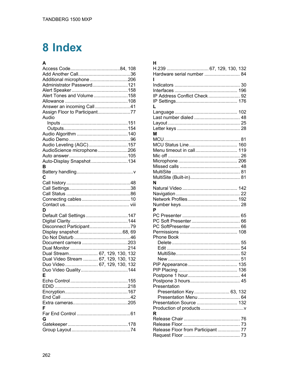 8 index, Index | TANDBERG 1500MXP User Manual | Page 274 / 275