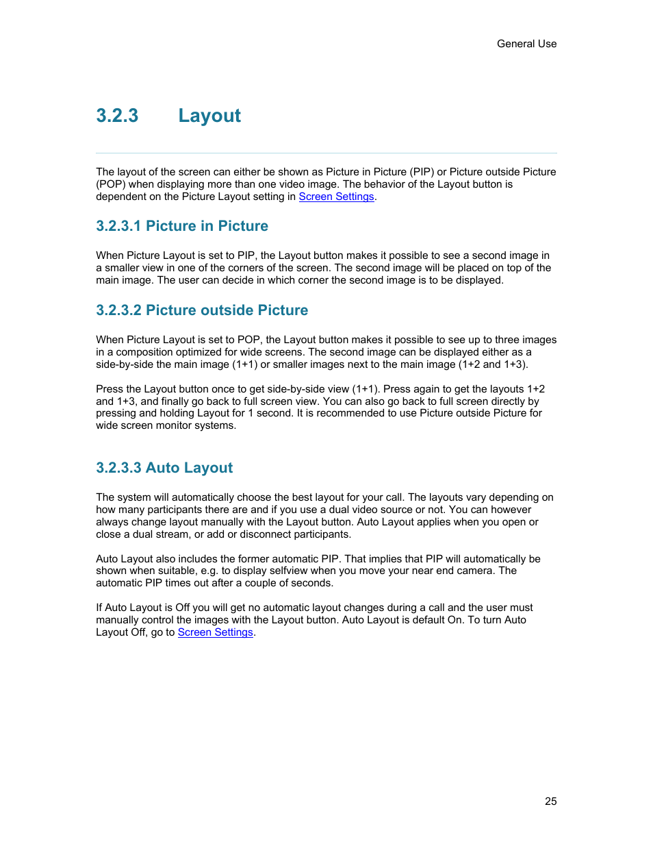 3 layout, 1 picture in picture, 2 picture outside picture | 3 auto layout, Layout | TANDBERG 1500MXP User Manual | Page 37 / 275