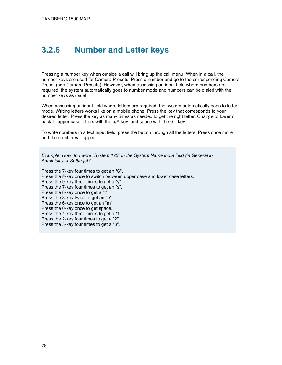 6 number and letter keys, Number and letter keys | TANDBERG 1500MXP User Manual | Page 40 / 275