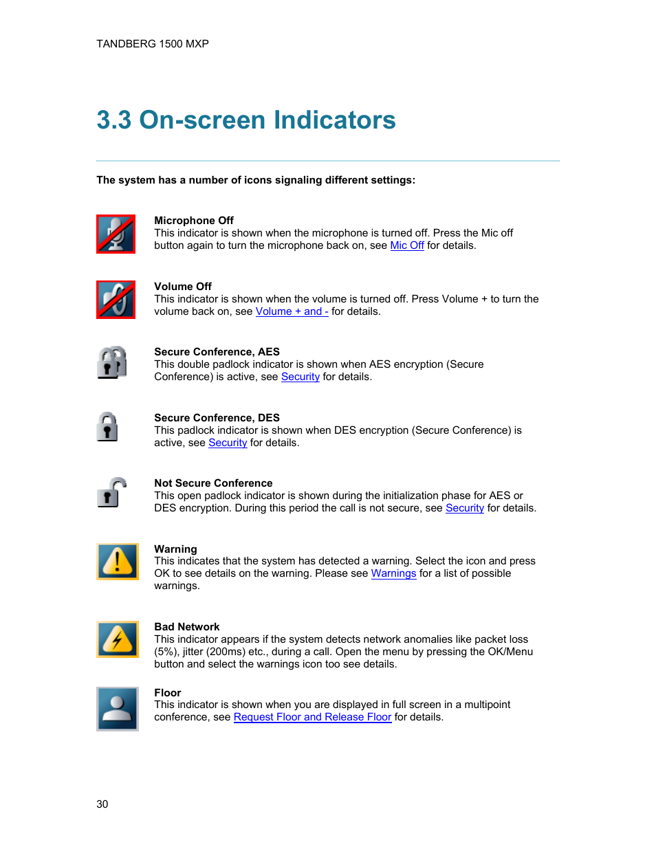 3 on-screen indicators | TANDBERG 1500MXP User Manual | Page 42 / 275